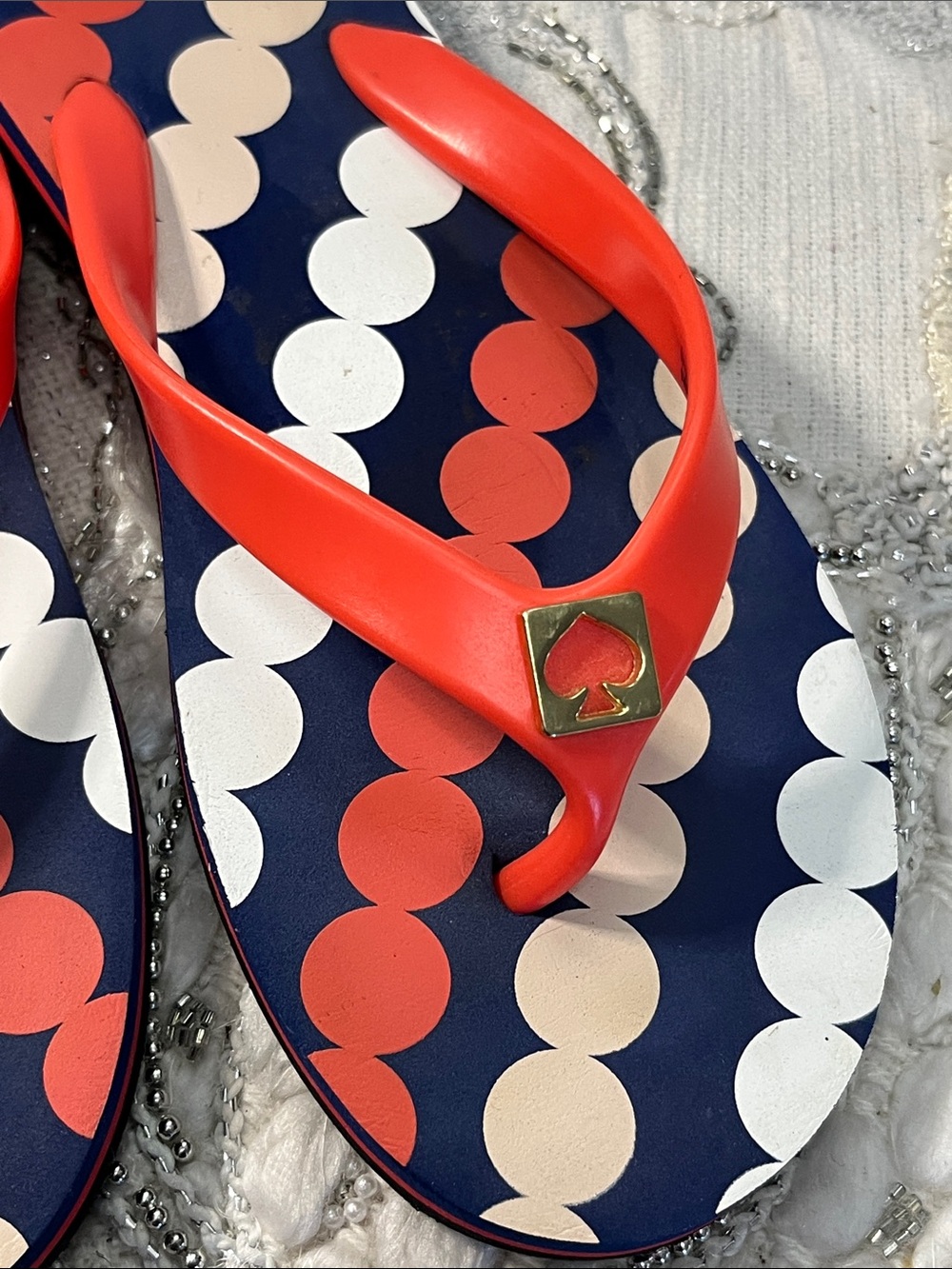 HP đKate Spade New York Printed Flip Flops Navy Coral Polka Dot Sandals Womenâs - Picture 3 of 11